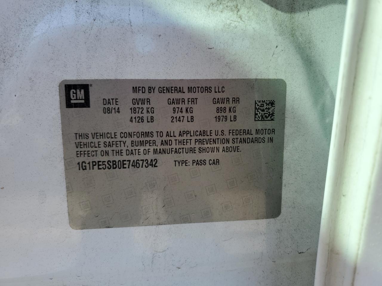 2014 Chevrolet Cruze Lt VIN: 1G1PE5SB0E7467342 Lot: 84581345