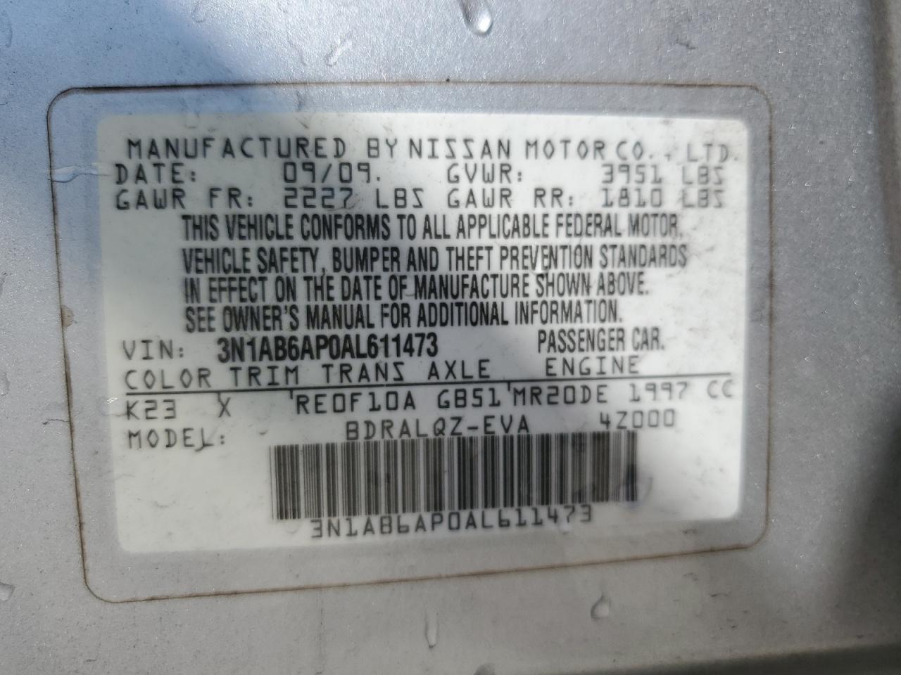 2010 Nissan Sentra 2.0 VIN: 3N1AB6AP0AL611473 Lot: 81574595