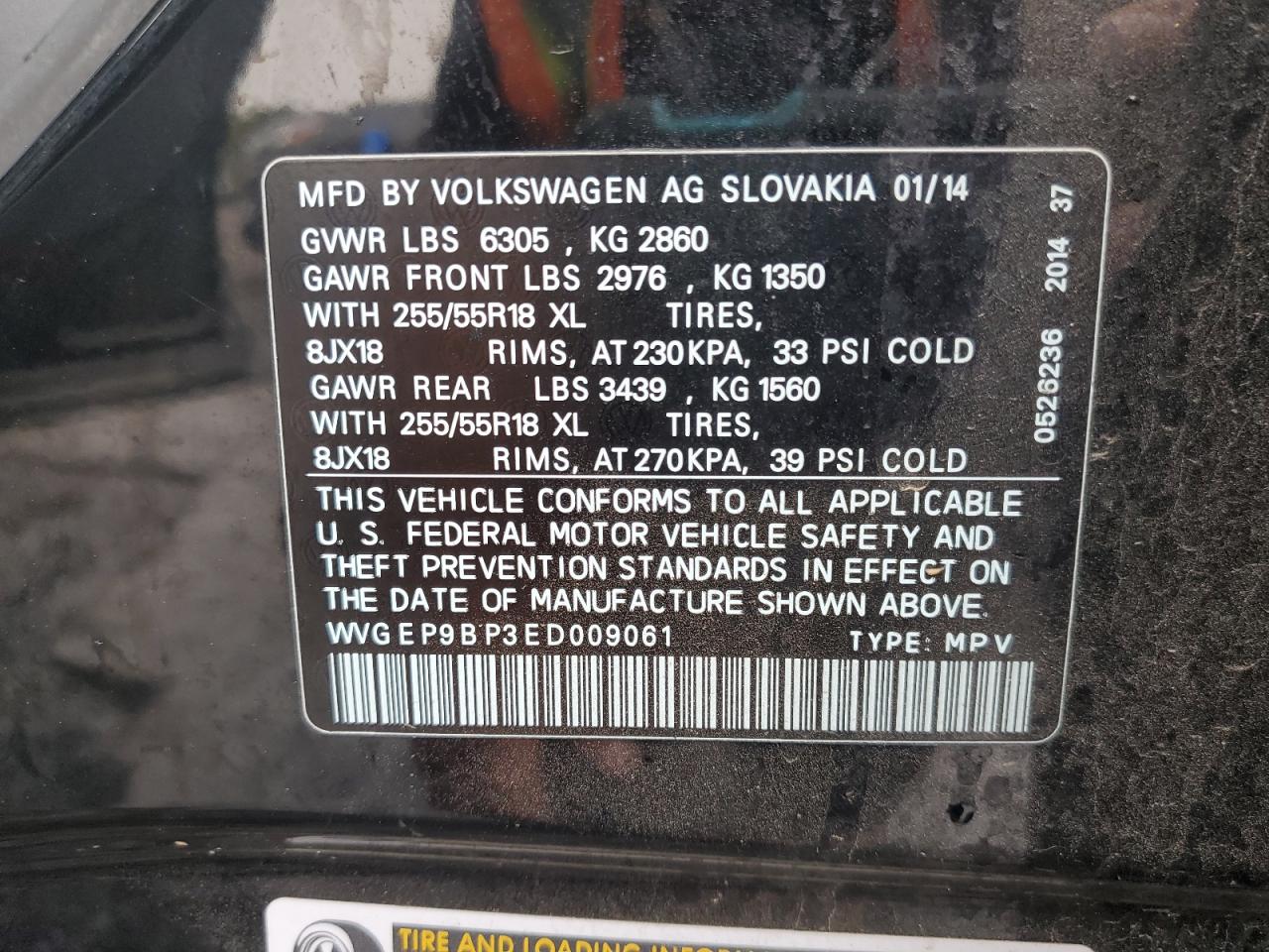 2014 Volkswagen Touareg V6 Tdi VIN: WVGEP9BP3ED009061 Lot: 80818655