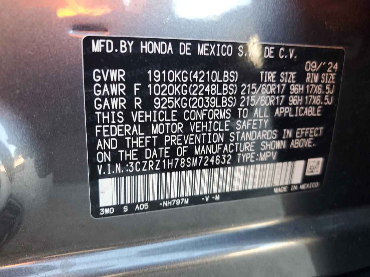 2025 Honda Hr-V Exl VIN: 3CZRZ1H78SM724632 Lot: 71986905