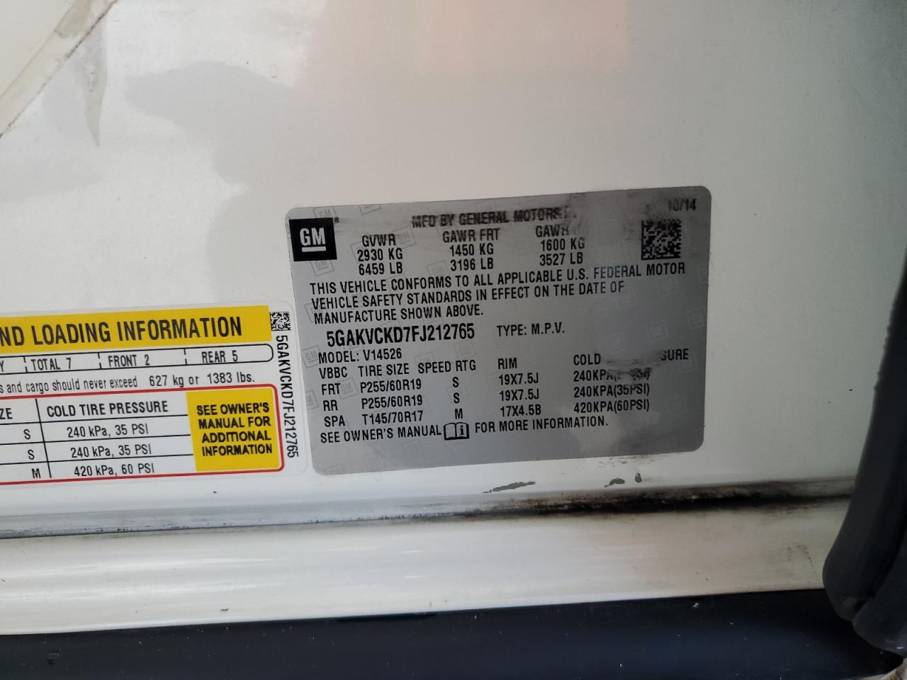 2015 Buick Enclave VIN: 5GAKVCKD7FJ212765 Lot: 71998935