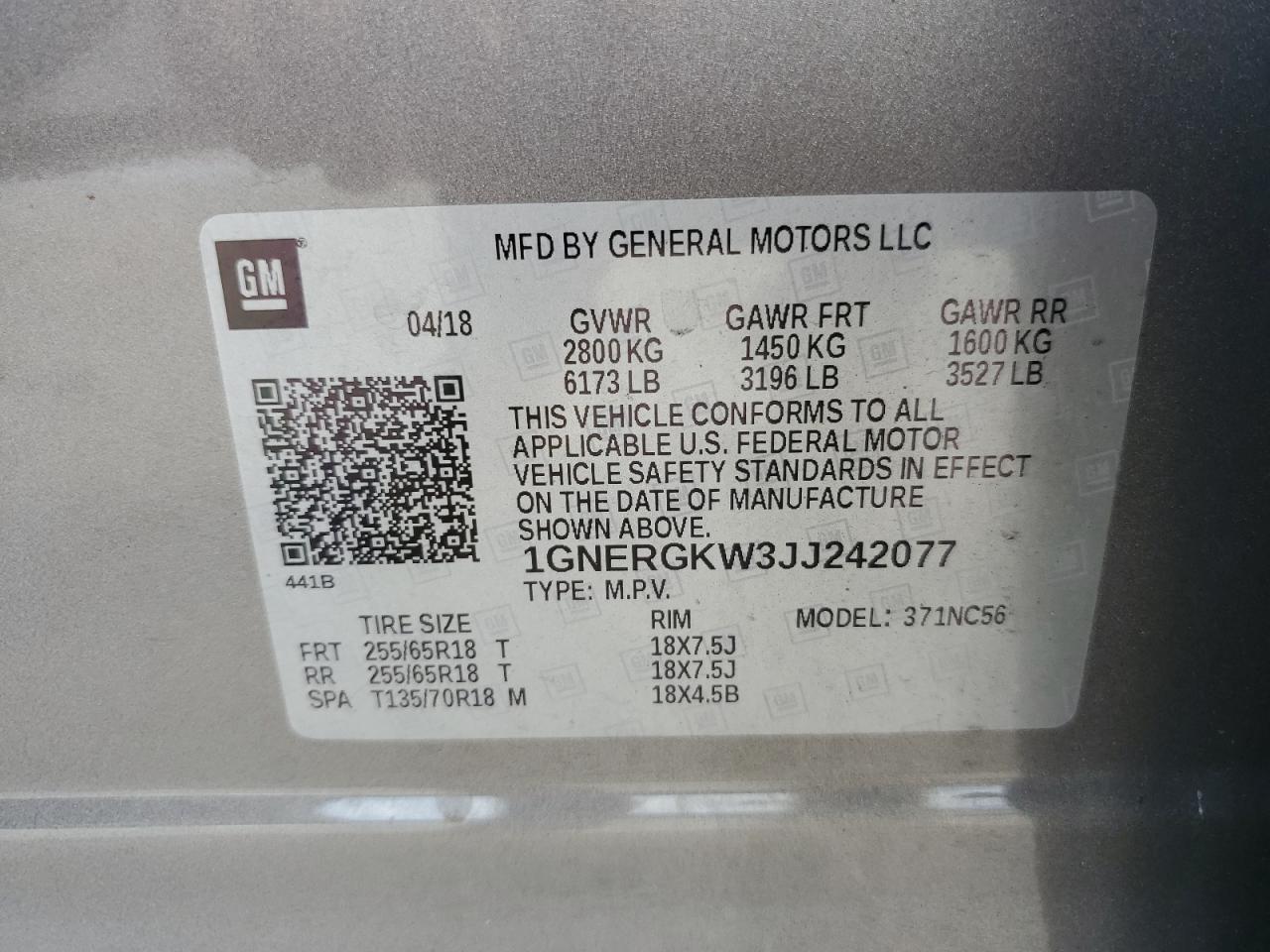 2018 Chevrolet Traverse Lt VIN: 1GNERGKW3JJ242077 Lot: 81426325