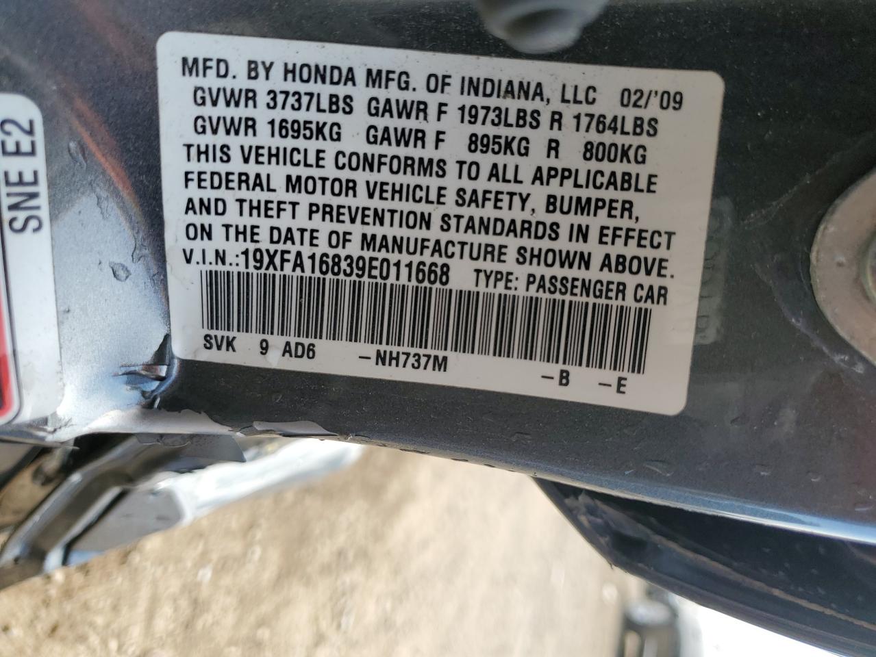 2009 Honda Civic Ex VIN: 19XFA16839E011668 Lot: 80003355