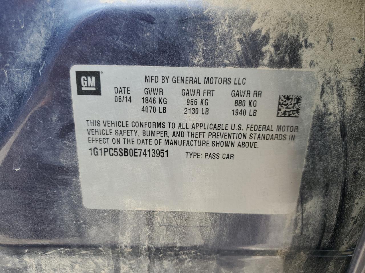 2014 Chevrolet Cruze Lt VIN: 1G1PC5SB0E7413951 Lot: 83855695