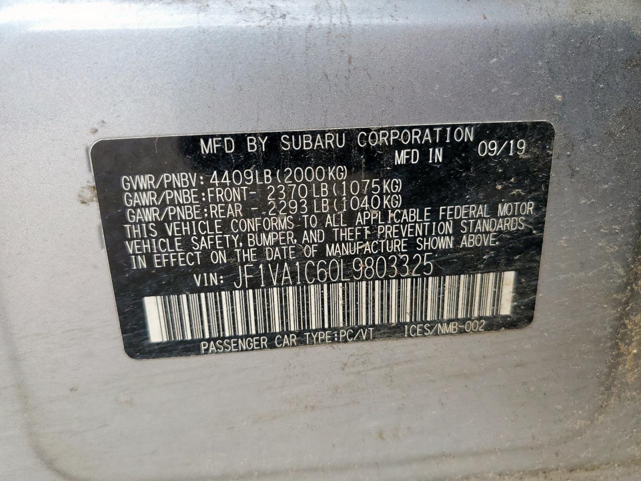 2020 Subaru Wrx Premium VIN: JF1VA1C60L9803325 Lot: 83763705