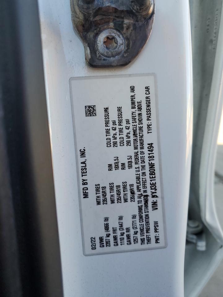 2022 Tesla Model 3 VIN: 5YJ3E1EB0NF181494 Lot: 82082995