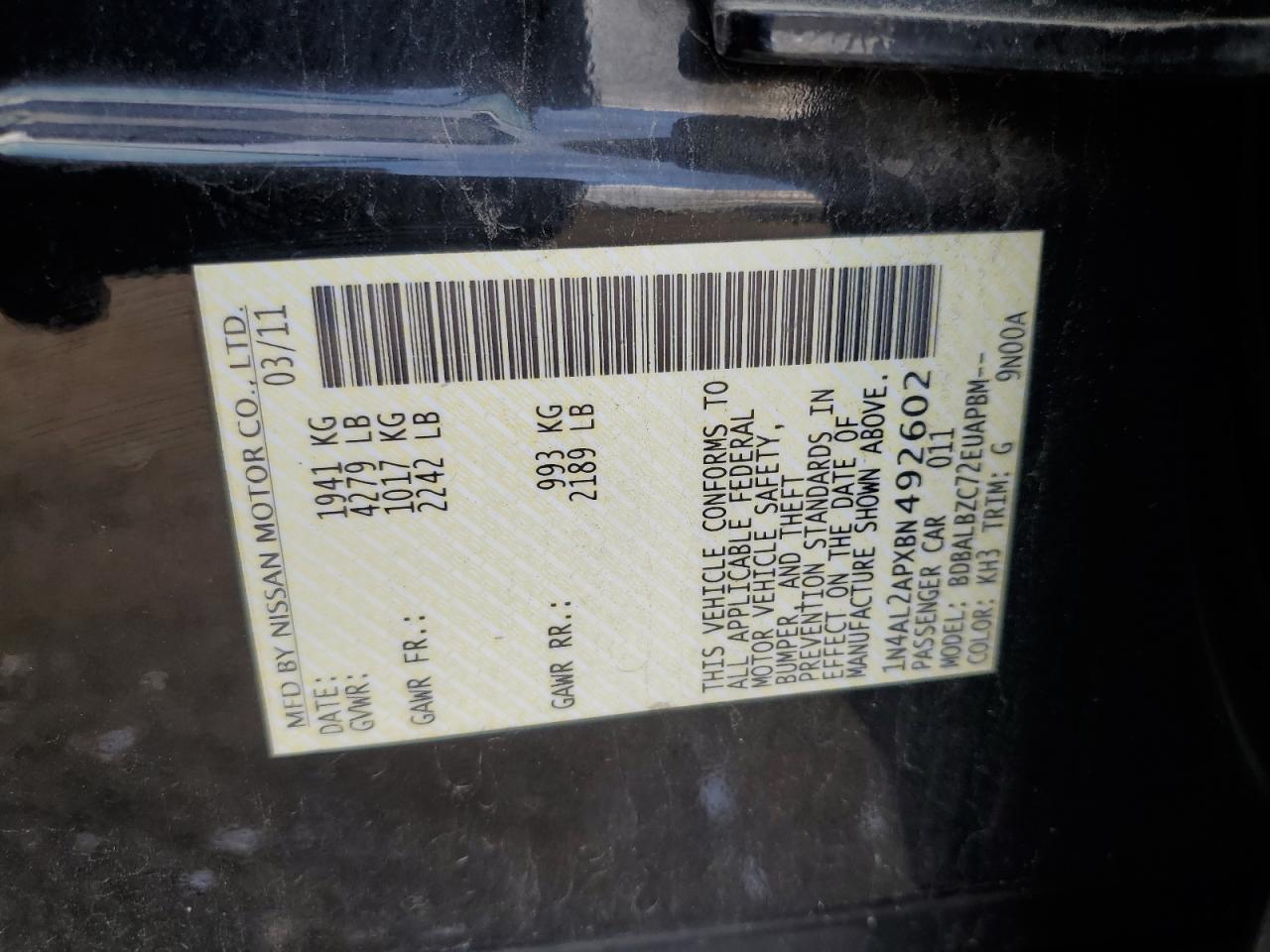 2011 Nissan Altima Base VIN: 1N4AL2APXBN492602 Lot: 82077885
