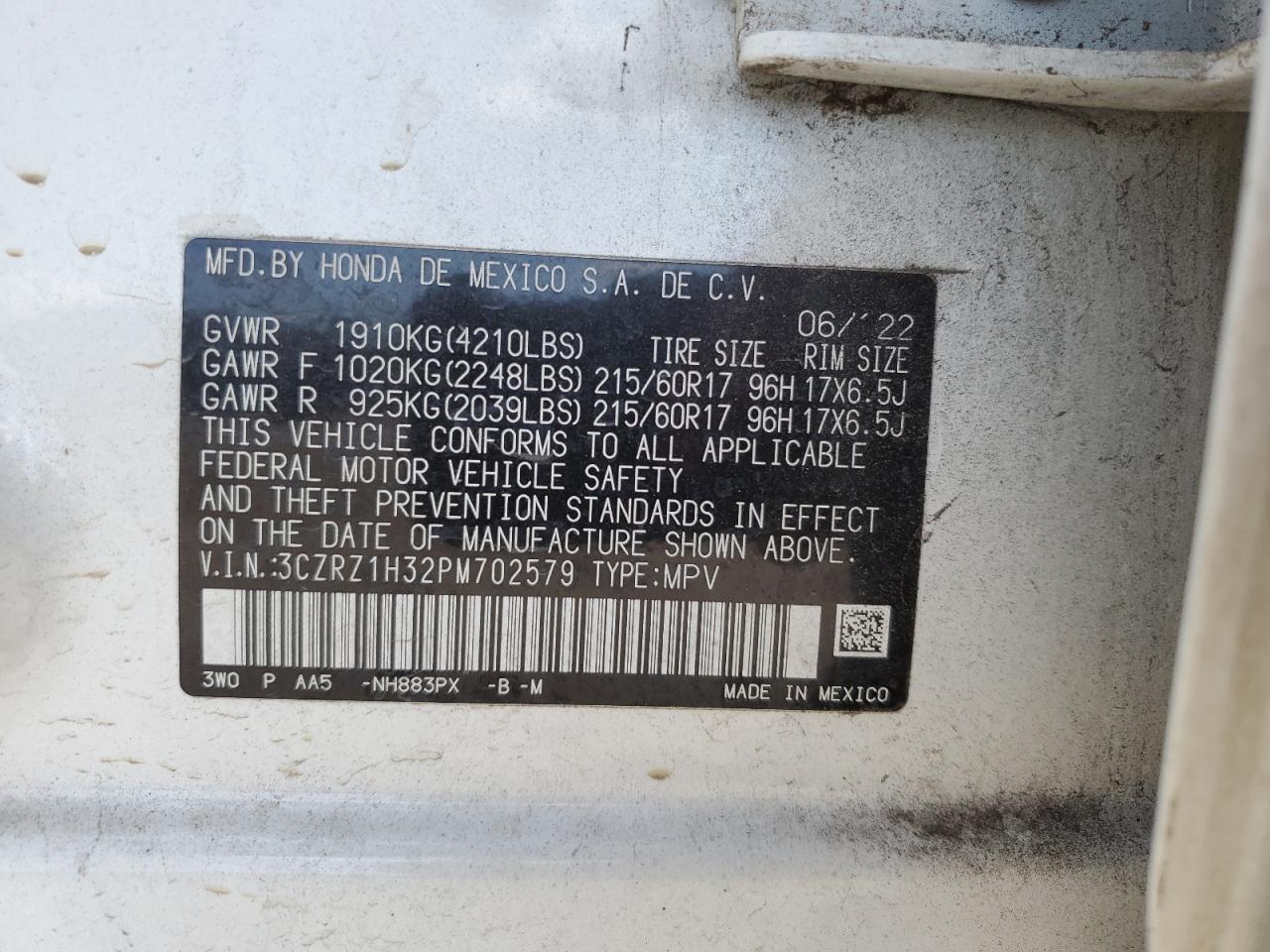 2023 Honda Hr-V Lx VIN: 3CZRZ1H32PM702579 Lot: 80906195