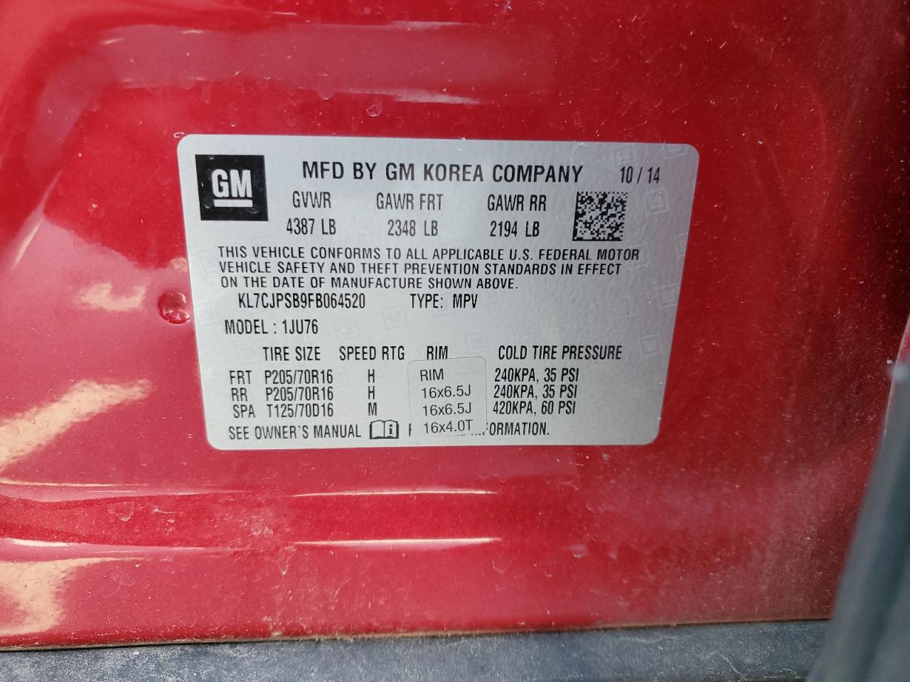 2015 Chevrolet Trax 1Ls VIN: KL7CJPSB9FB064520 Lot: 71690685