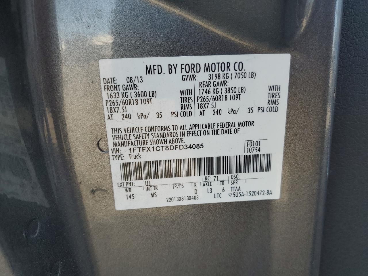 2013 Ford F150 Super Cab VIN: 1FTFX1CT8DFD34085 Lot: 80470075