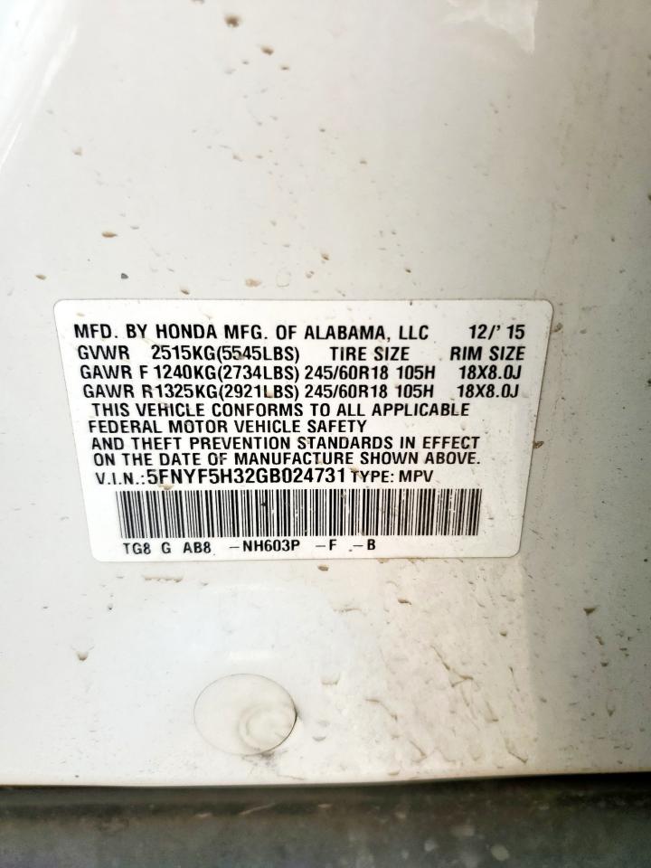 2016 Honda Pilot Ex VIN: 5FNYF5H32GB024731 Lot: 71266495