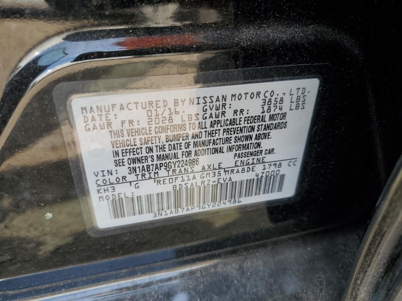 2016 Nissan Sentra S VIN: 3N1AB7AP9GY224986 Lot: 71925575
