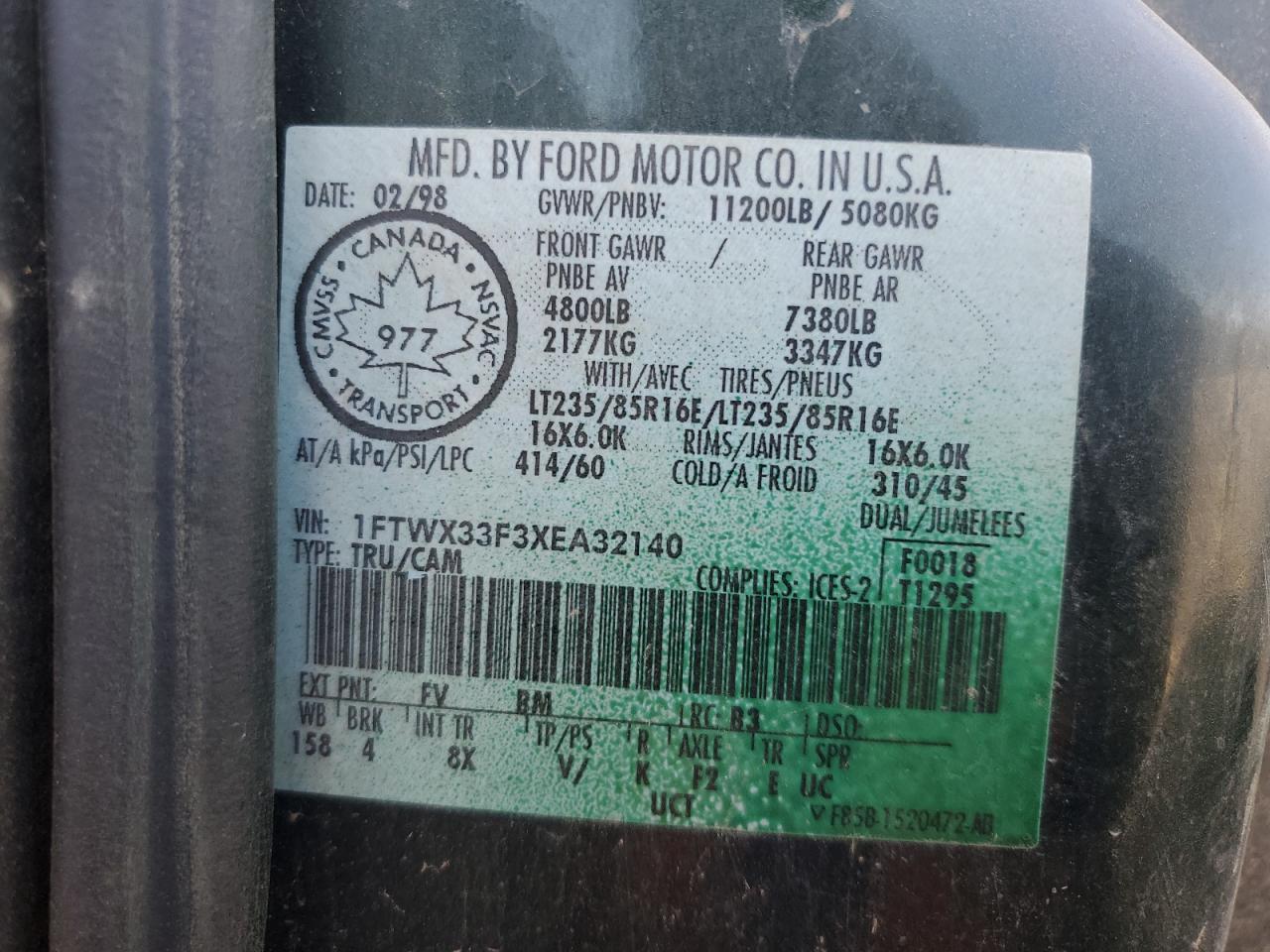 1999 Ford F350 Super Duty VIN: 1FTWX33F3XEA32140 Lot: 70920905