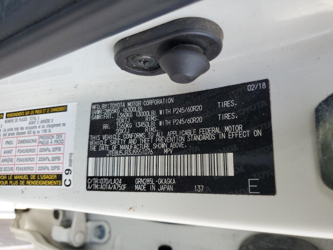 2018 Toyota 4Runner Sr5/Sr5 Premium VIN: JTEBU5JR3J5551076 Lot: 84413685