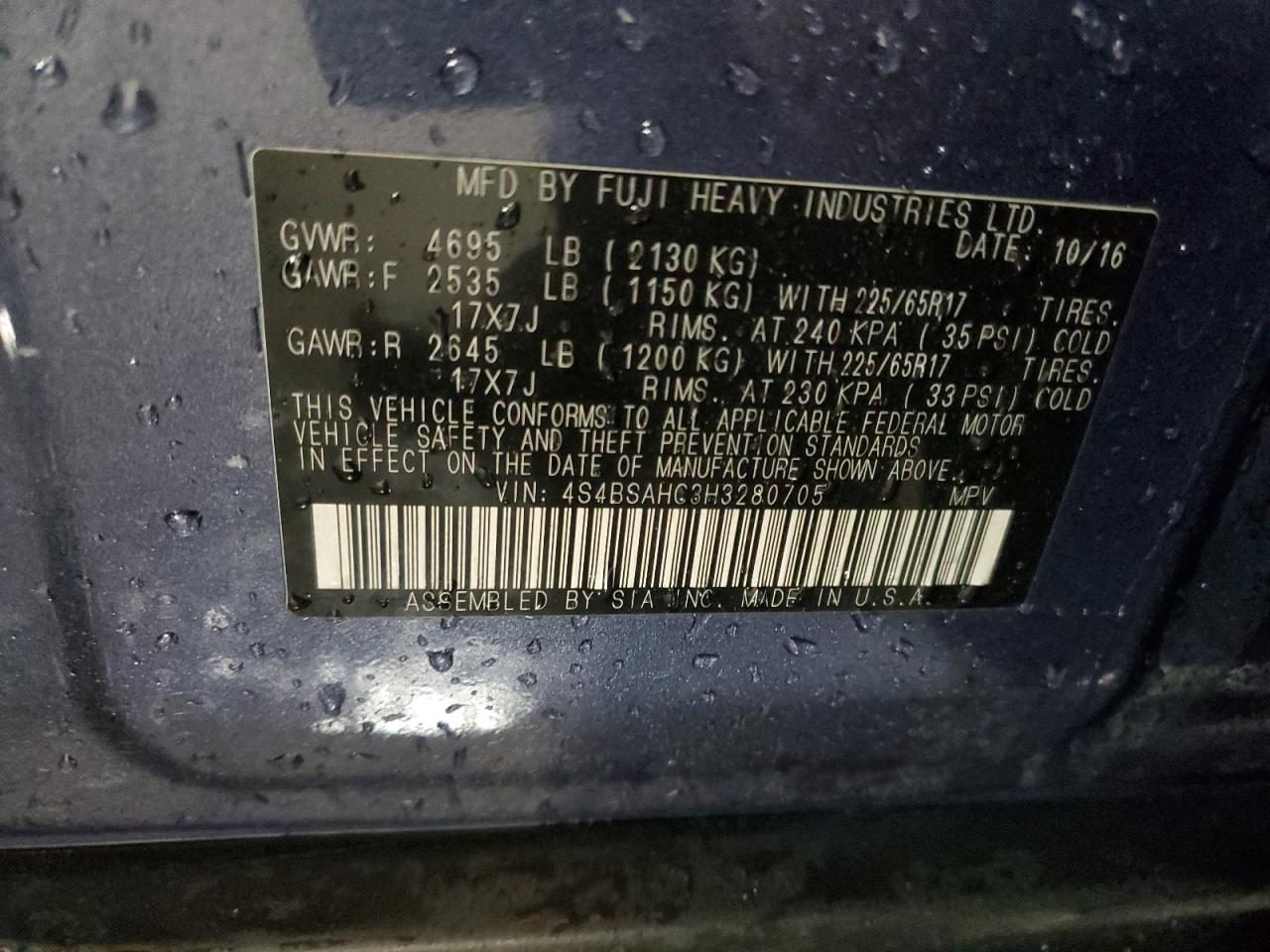 2017 Subaru Outback 2.5I Premium VIN: 4S4BSAHC3H3280705 Lot: 81255295