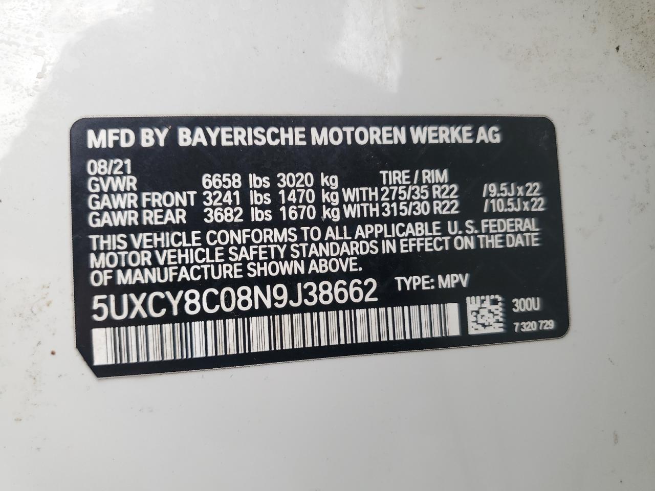 2022 BMW X6 M50I VIN: 5UXCY8C08N9J38662 Lot: 80366015