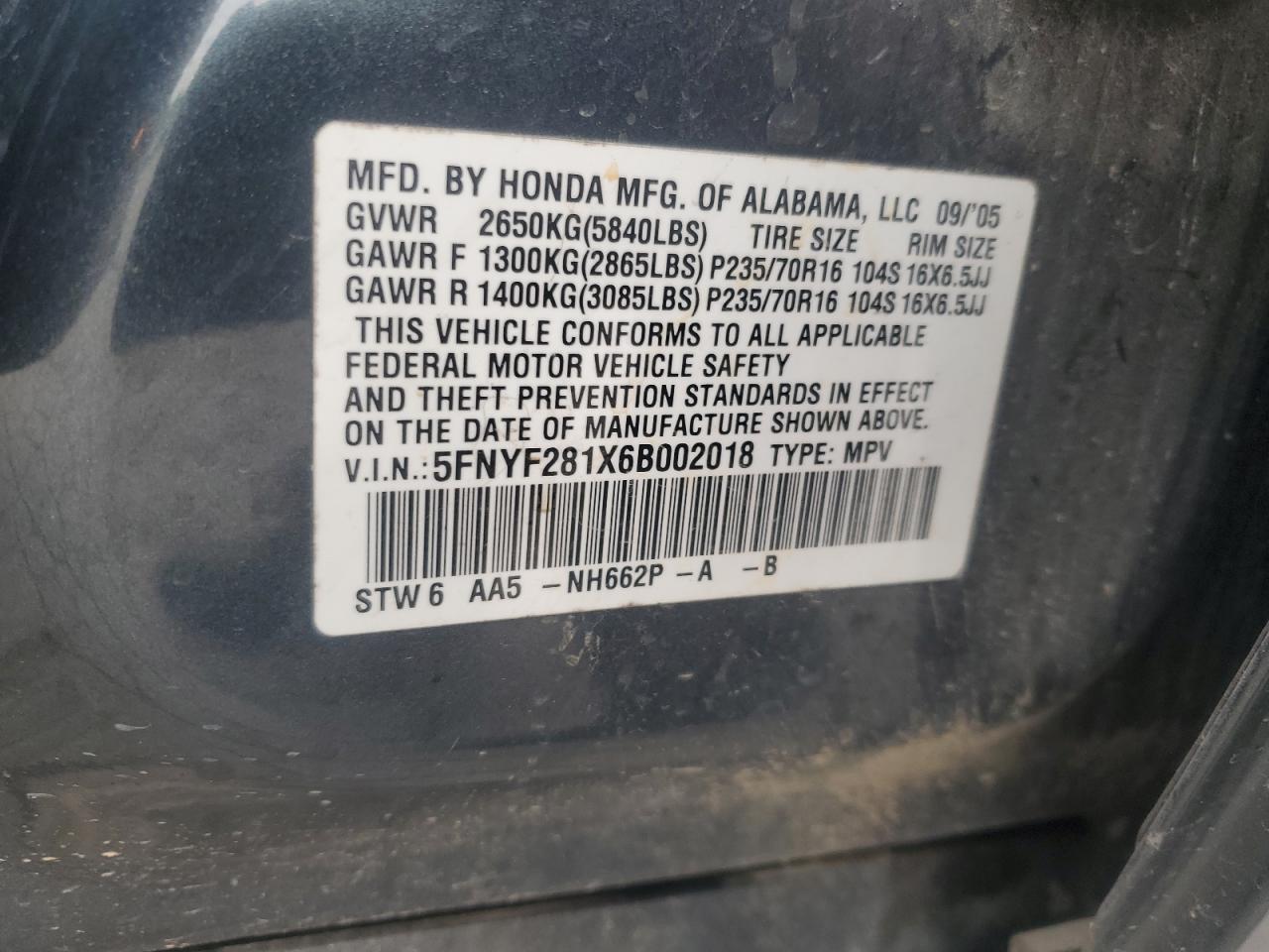 2006 Honda Pilot Lx VIN: 5FNYF281X6B002018 Lot: 81557635