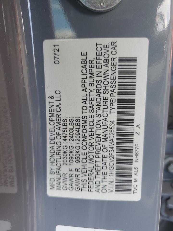 2021 Honda Accord Sport VIN: 1HGCV2F34MA026534 Lot: 81893065