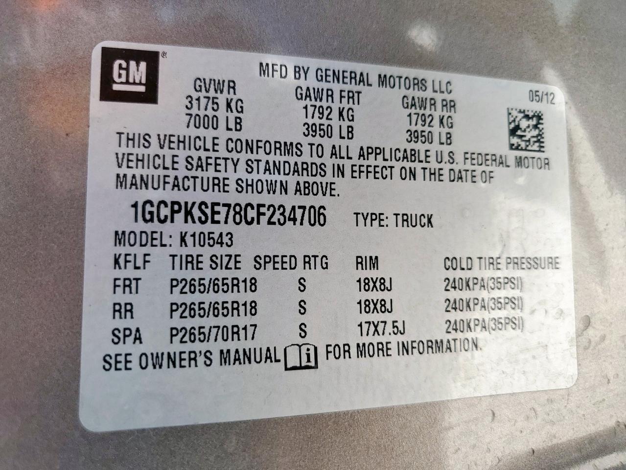 2012 Chevrolet Silverado K1500 Lt VIN: 1GCPKSE78CF234706 Lot: 71710795