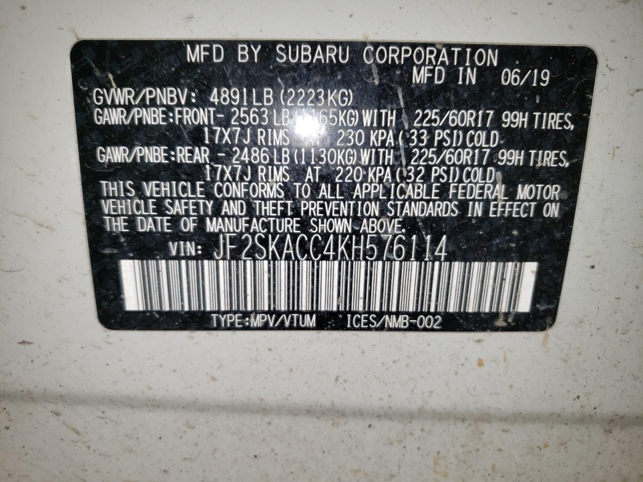 2019 Subaru Forester VIN: JF2SKACC4KH576114 Lot: 84244205