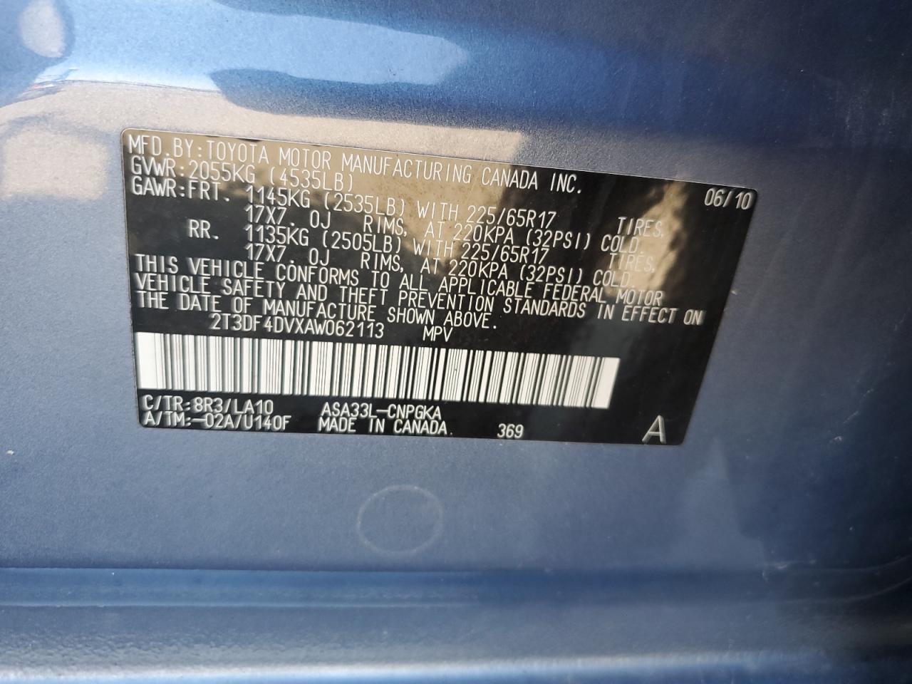 2010 Toyota Rav4 Limited VIN: 2T3DF4DVXAW062113 Lot: 70452955