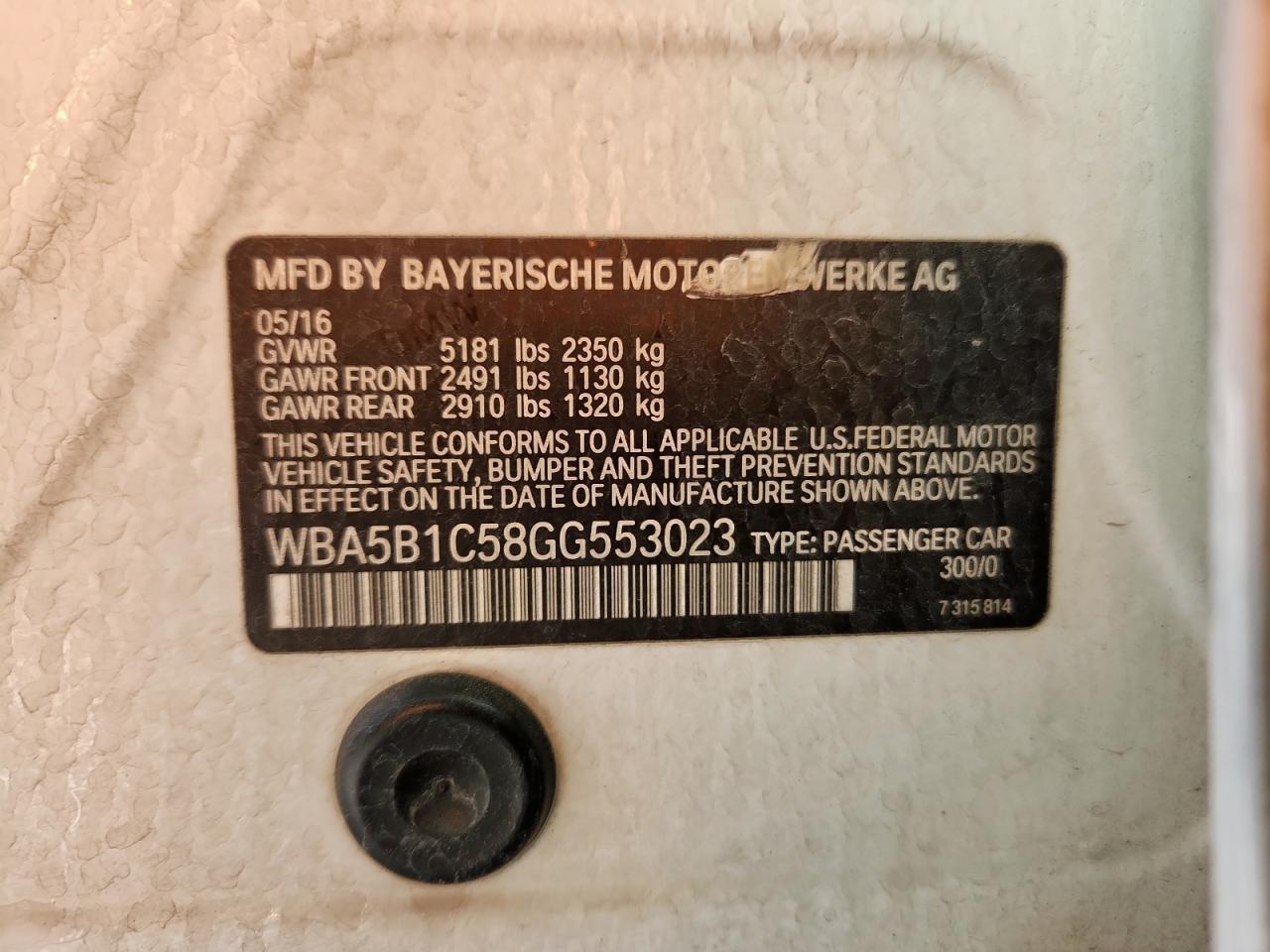 2016 BMW 535 I VIN: WBA5B1C58GG553023 Lot: 84659235