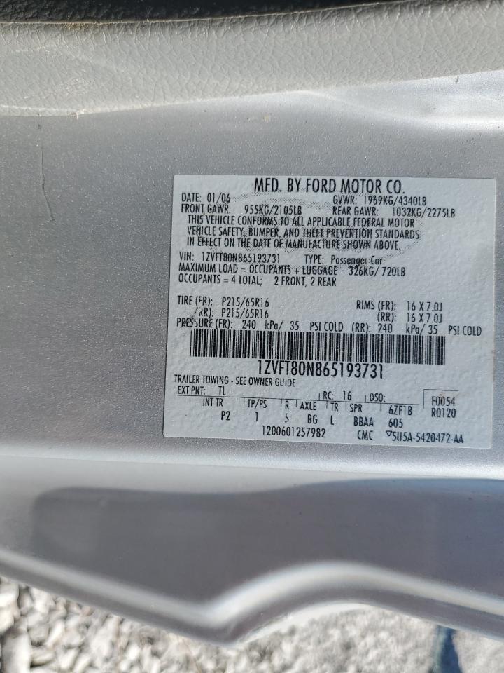 2006 Ford Mustang VIN: 1ZVFT80N865193731 Lot: 80250455