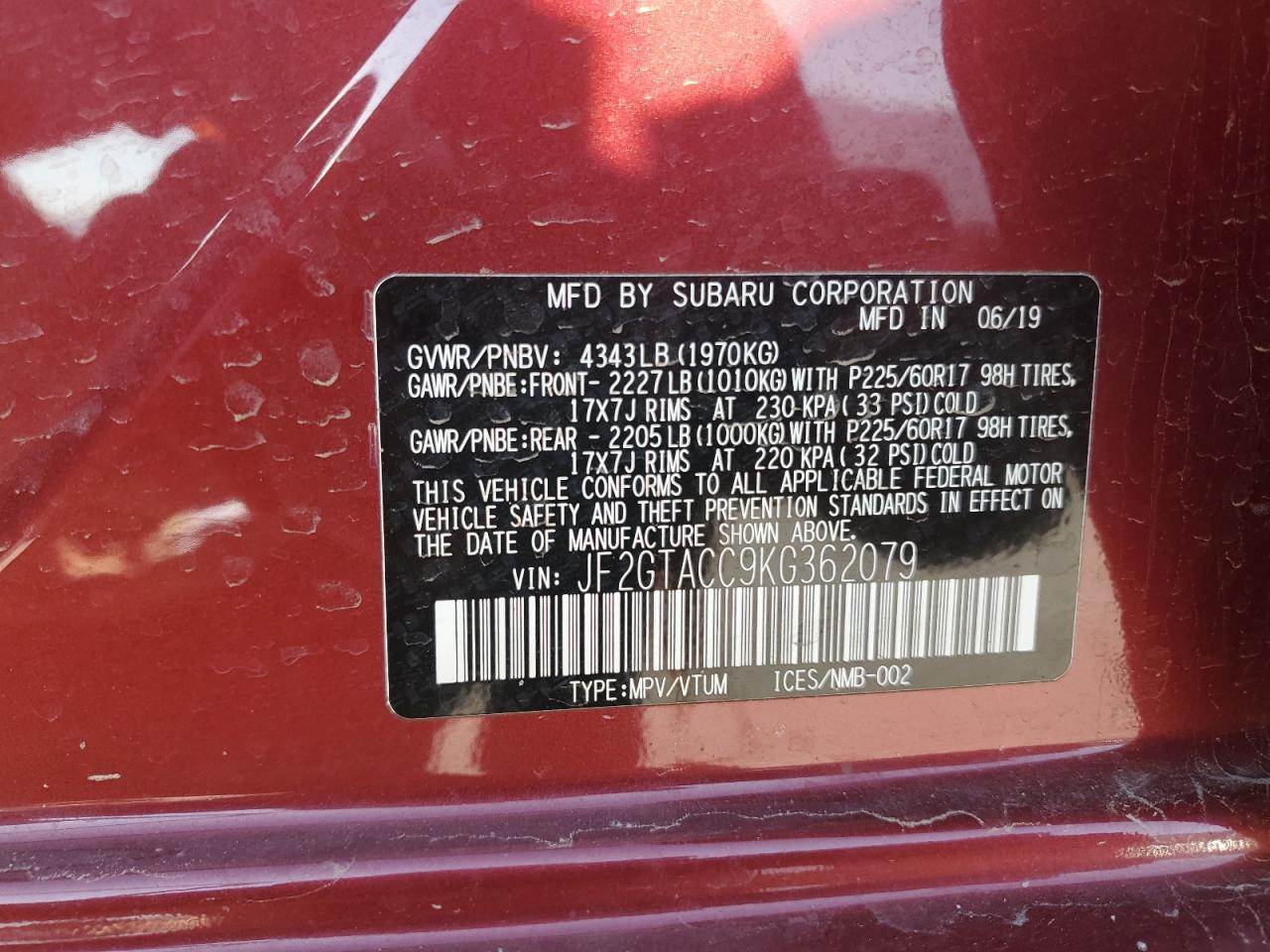 2019 Subaru Crosstrek Premium VIN: JF2GTACC9KG362079 Lot: 70786785