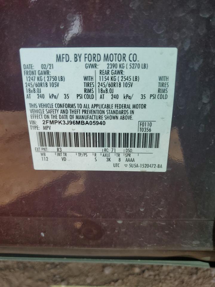 2021 Ford Edge Sel VIN: 2FMPK3J96MBA05940 Lot: 80617165