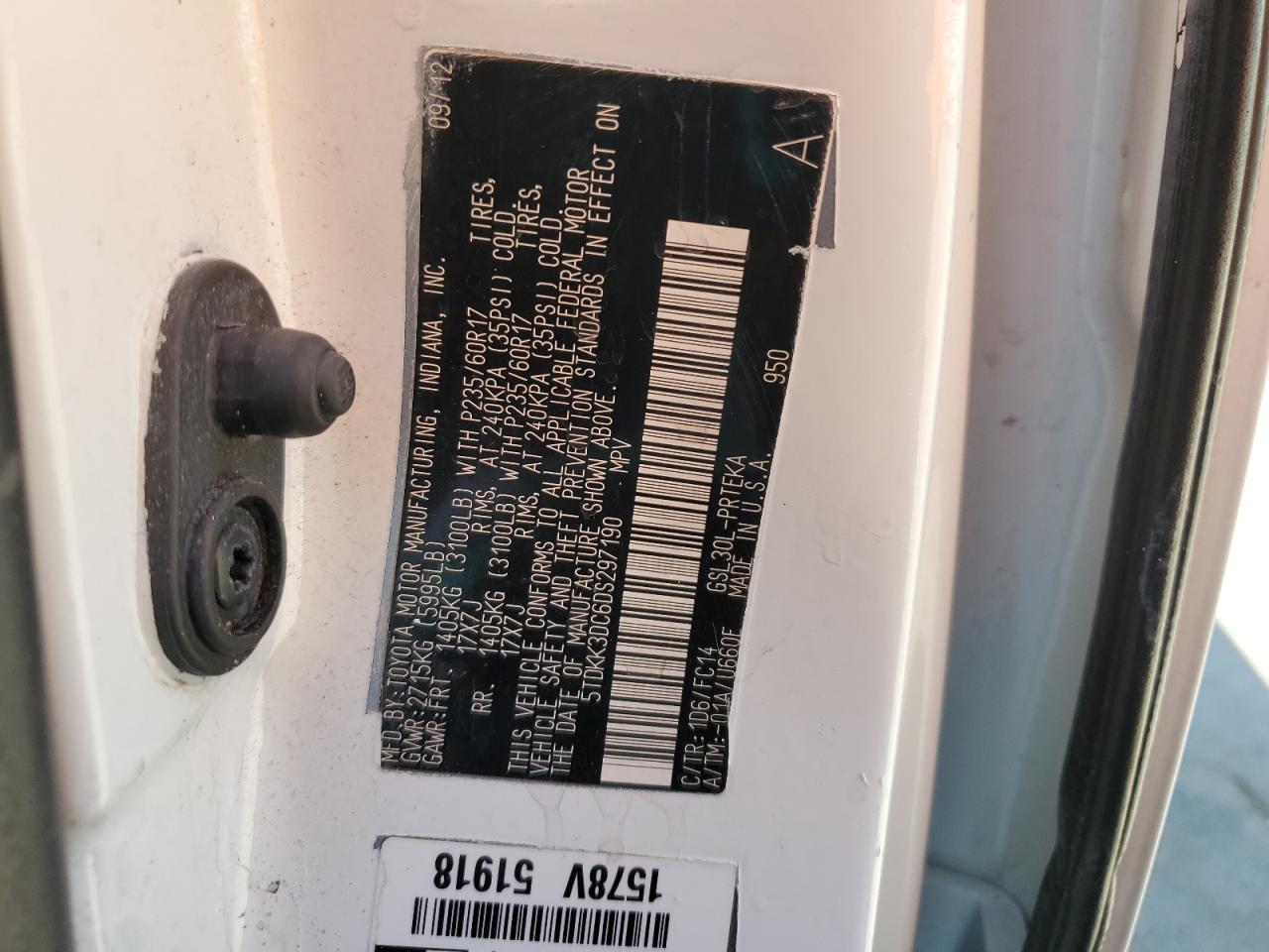 2013 Toyota Sienna Le VIN: 5TDKK3DC6DS297190 Lot: 82176505