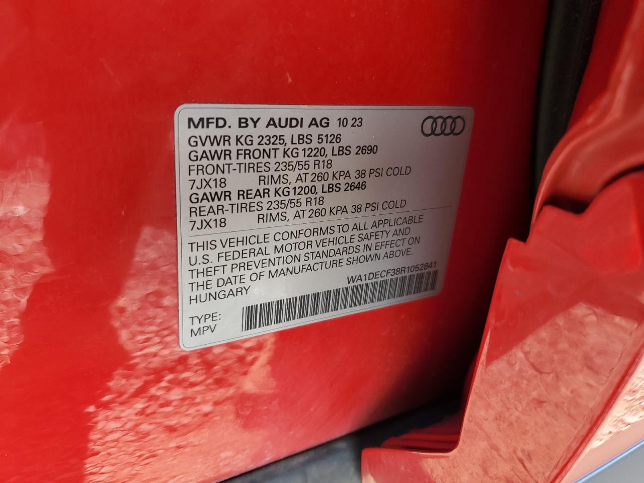 2024 Audi Q3 Premium S Line 45 VIN: WA1DECF38R1052841 Lot: 80727755