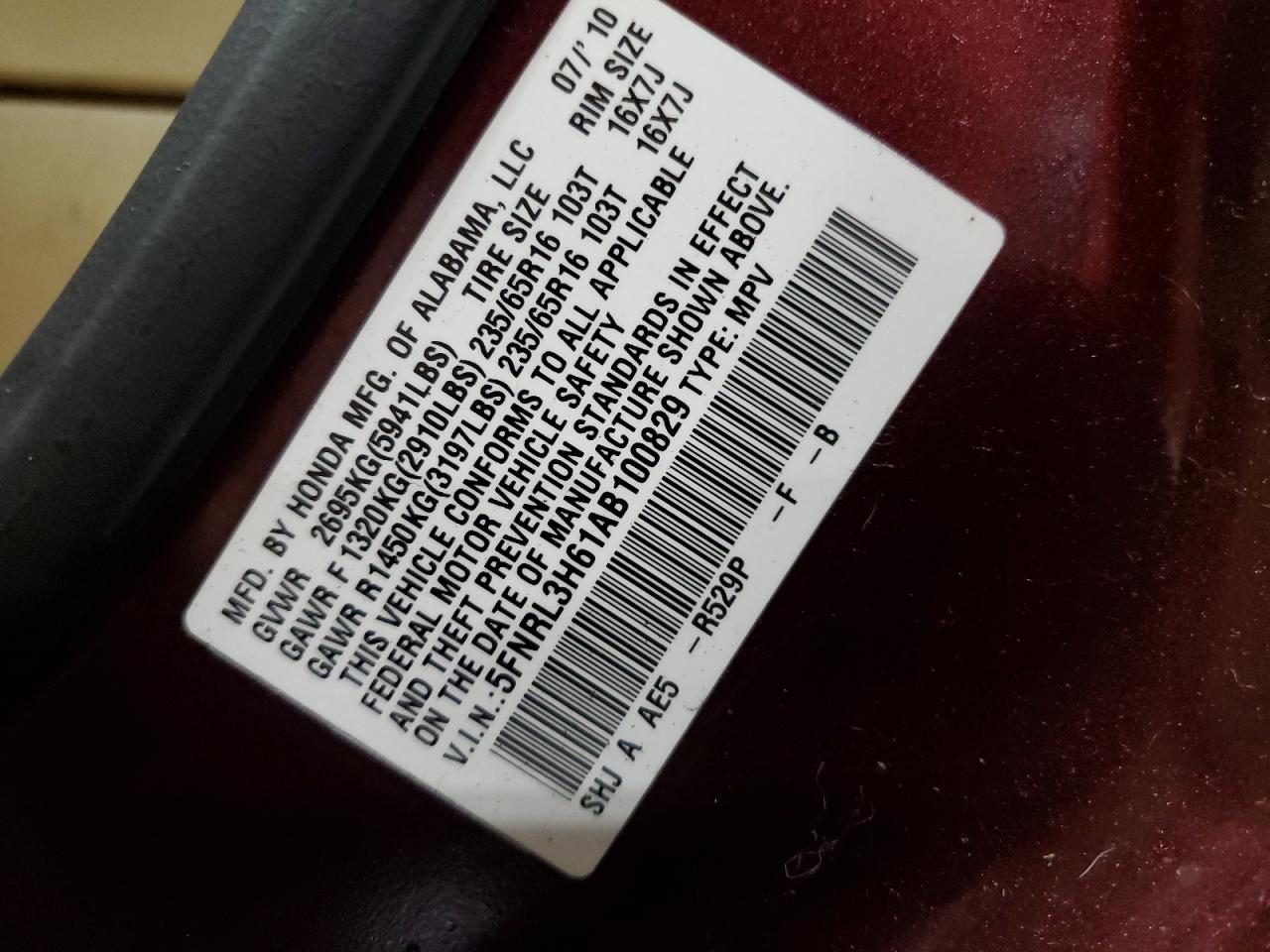 2010 Honda Odyssey Exl VIN: 5FNRL3H61AB100829 Lot: 83798245