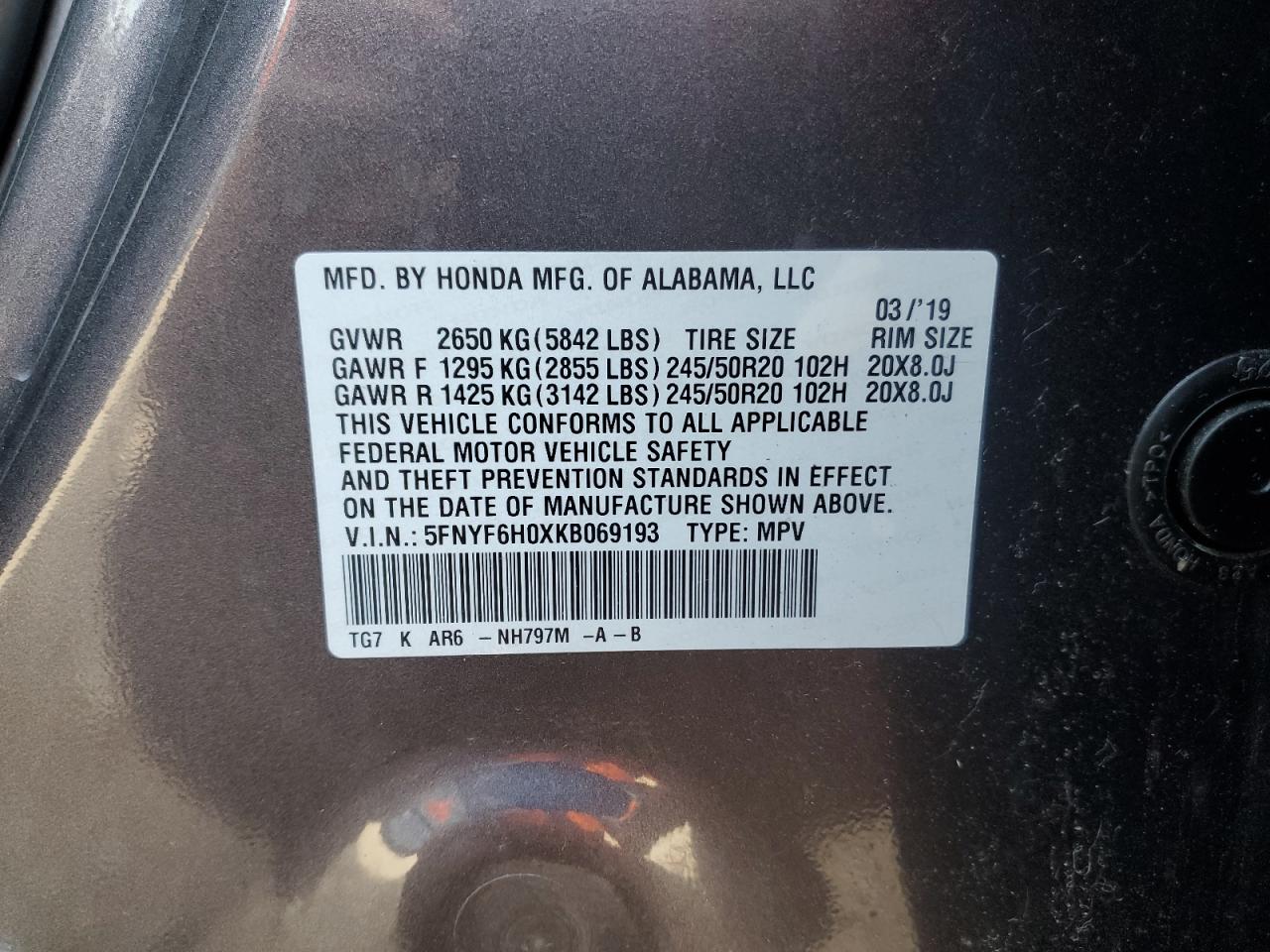 2019 Honda Pilot Elite VIN: 5FNYF6H0XKB069193 Lot: 80394795