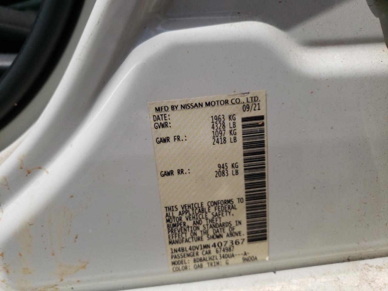 2021 Nissan Altima Sv VIN: 1N4BL4DV1MN407367 Lot: 71728775
