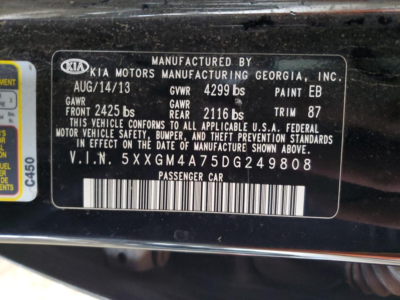 2013 Kia Optima Lx VIN: 5XXGM4A75DG249808 Lot: 81846345