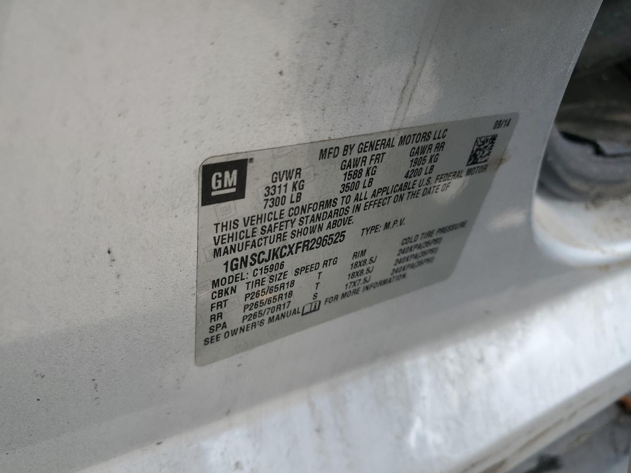 2015 Chevrolet Suburban C1500 Lt VIN: 1GNSCJKCXFR296525 Lot: 81683025