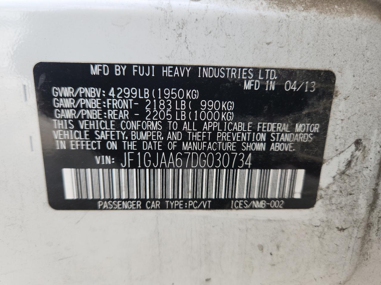 2013 Subaru Impreza VIN: JF1GJAA67DG030734 Lot: 84474595
