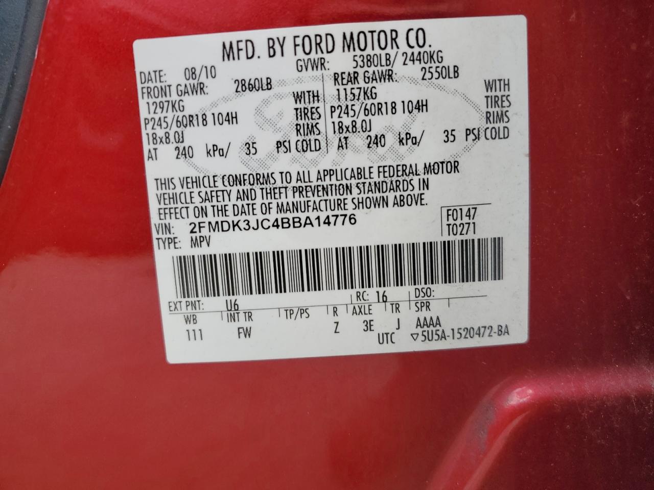 2011 Ford Edge Sel VIN: 2FMDK3JC4BBA14776 Lot: 71211405