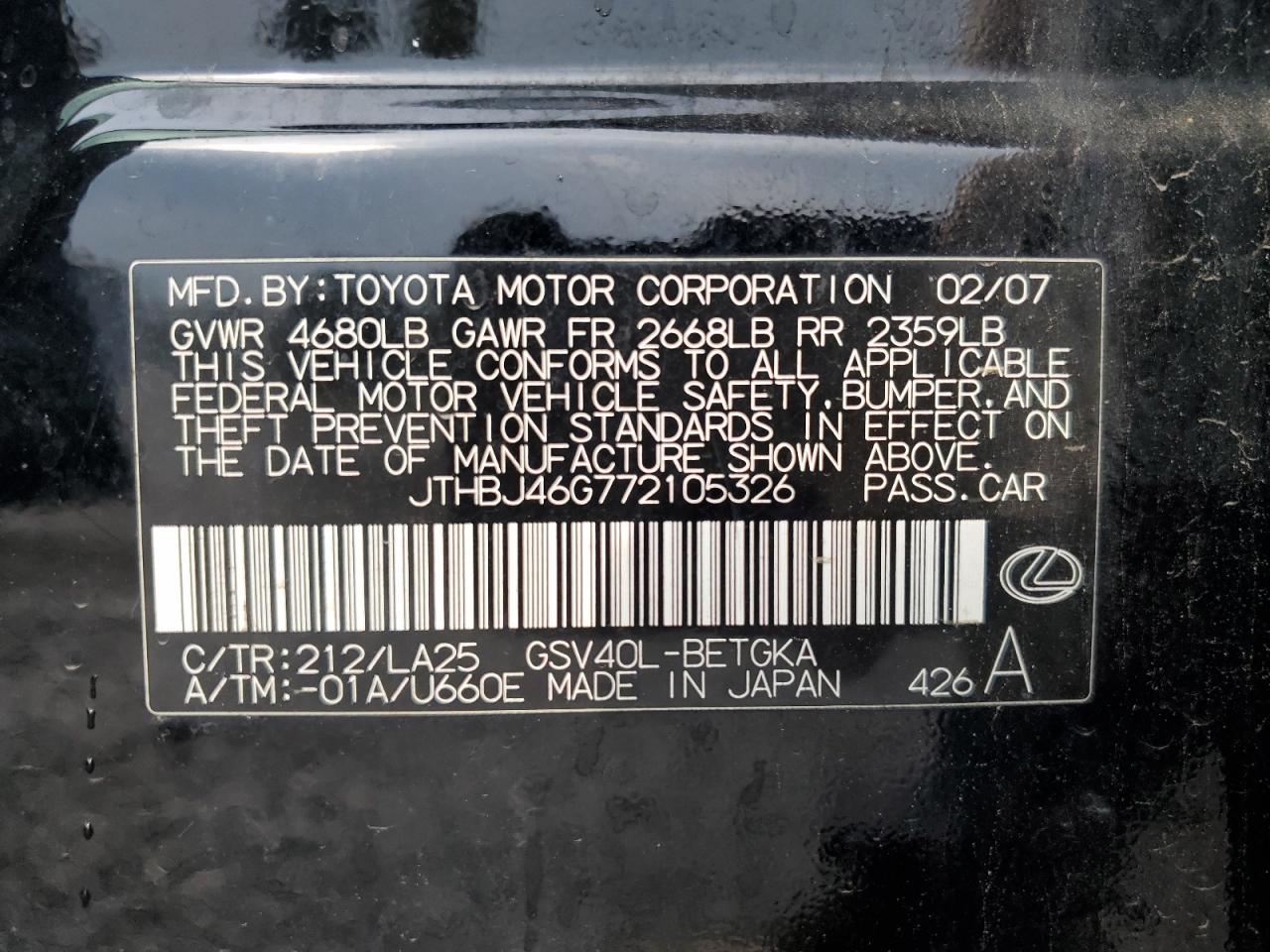 2007 Lexus Es 350 VIN: JTHBJ46G772105326 Lot: 83840835