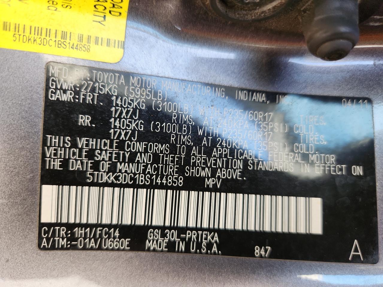 2011 Toyota Sienna Le VIN: 5TDKK3DC1BS144858 Lot: 81884485