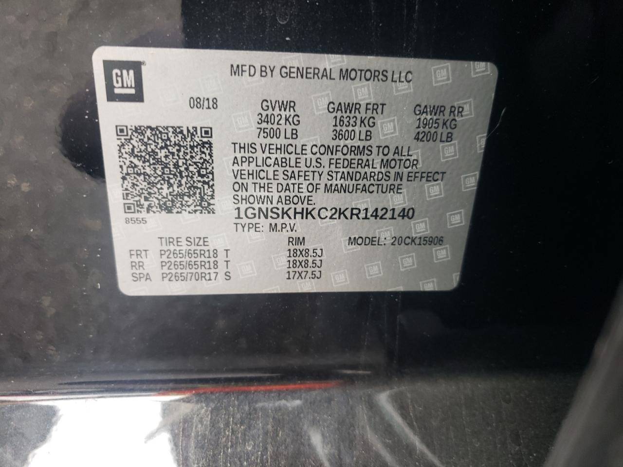 2019 Chevrolet Suburban K1500 Lt VIN: 1GNSKHKC2KR142140 Lot: 81406415