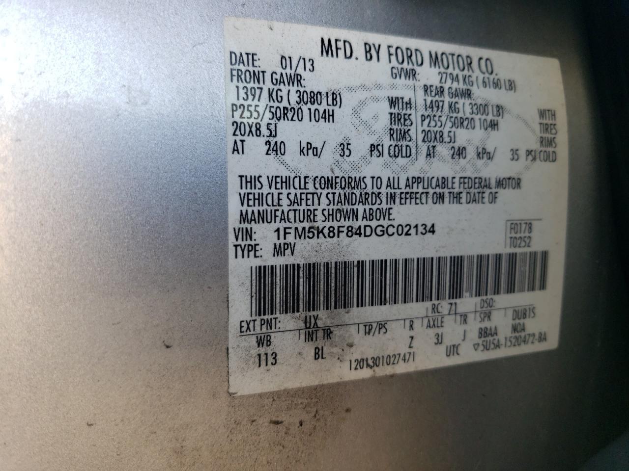 2013 Ford Explorer Limited VIN: 1FM5K8F84DGC02134 Lot: 80930465