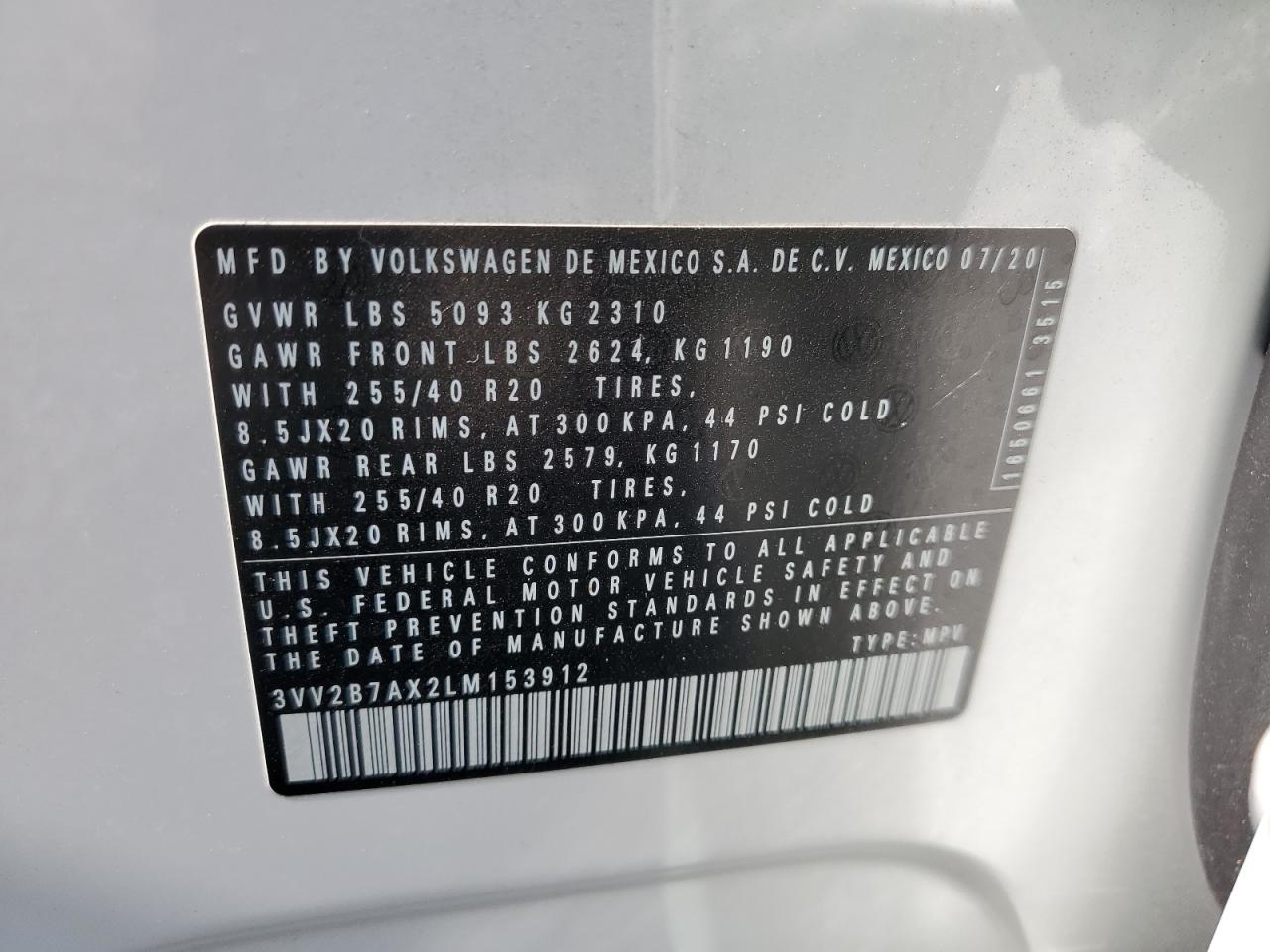 2020 Volkswagen Tiguan Se VIN: 3VV2B7AX2LM153912 Lot: 71317865