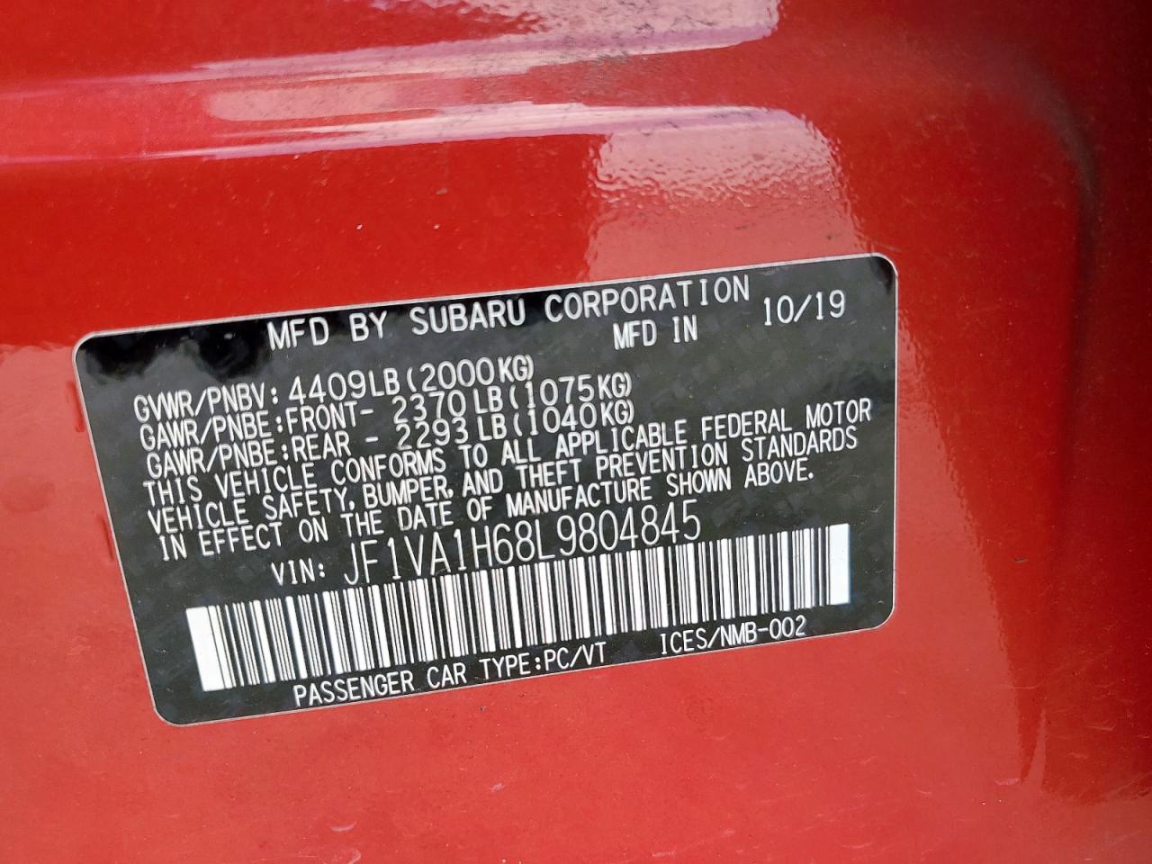 2020 Subaru Wrx Limited VIN: JF1VA1H68L9804845 Lot: 81203515