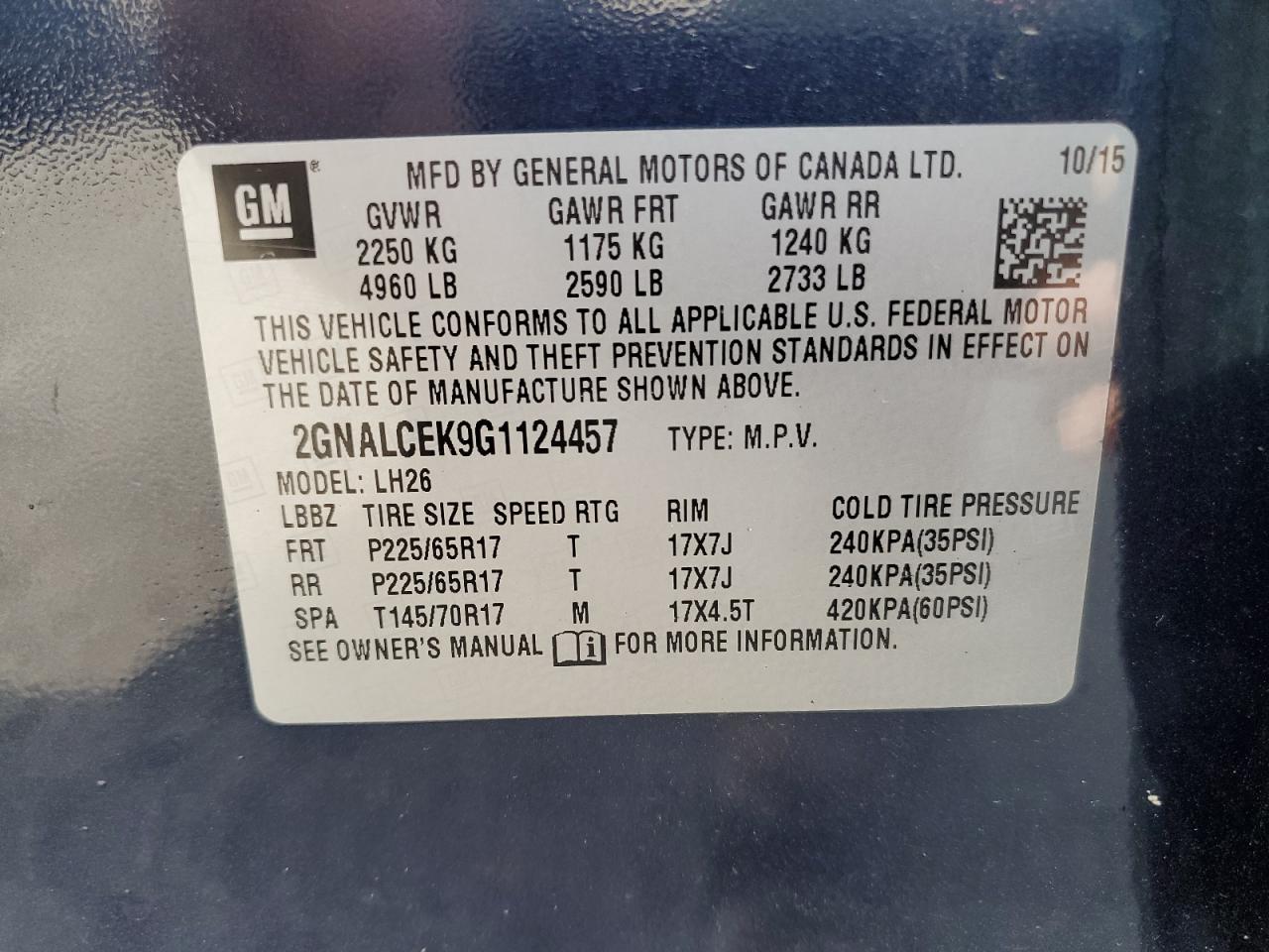 2016 Chevrolet Equinox Lt VIN: 2GNALCEK9G1124457 Lot: 80673405