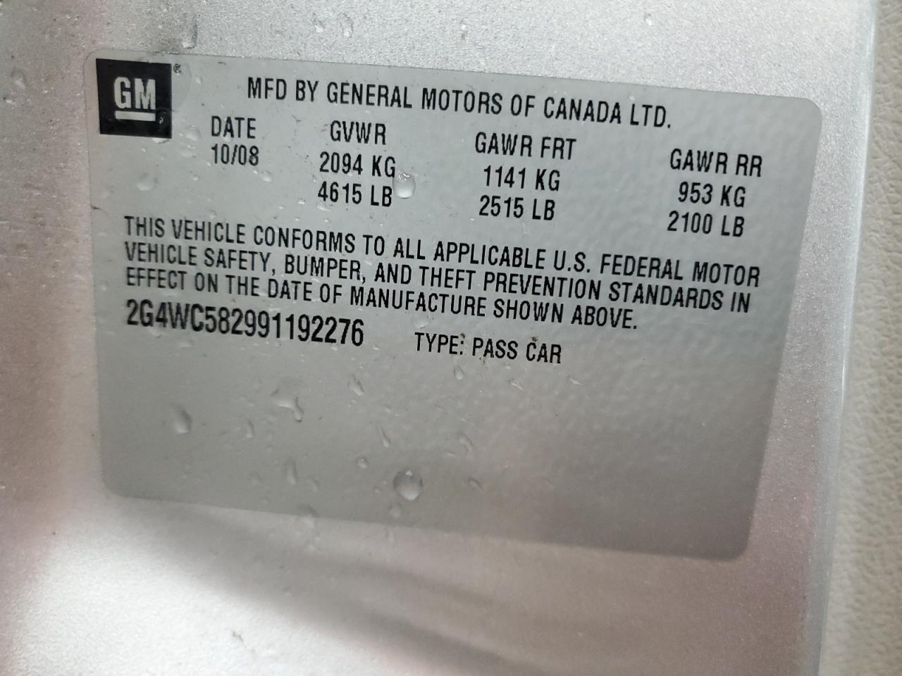 2009 Buick Lacrosse Cx VIN: 2G4WC582991192276 Lot: 81585545