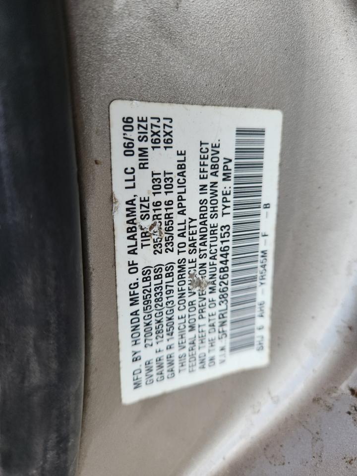 2006 Honda Odyssey Exl VIN: 5FNRL38626B446153 Lot: 70833965