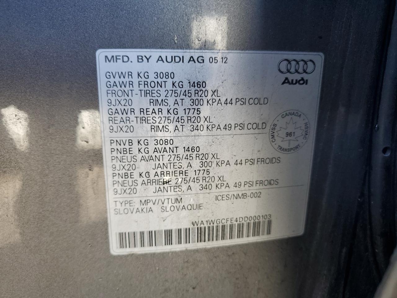 2013 Audi Q7 Prestige VIN: WA1WGCFE4DD000103 Lot: 71706615