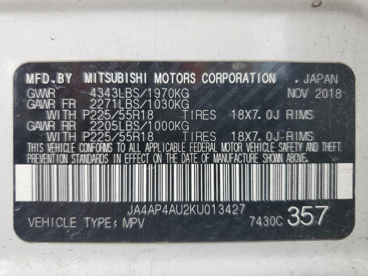 2019 Mitsubishi Outlander Sport Se VIN: JA4AP4AU2KU013427 Lot: 86821225