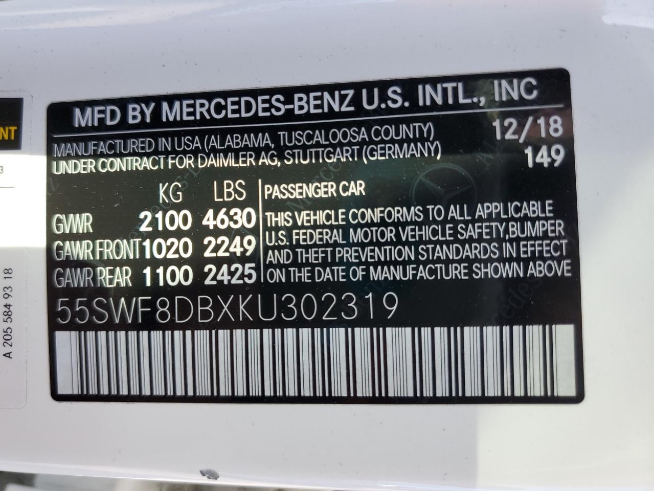 2019 Mercedes-Benz C 300 VIN: 55SWF8DBXKU302319 Lot: 84296225